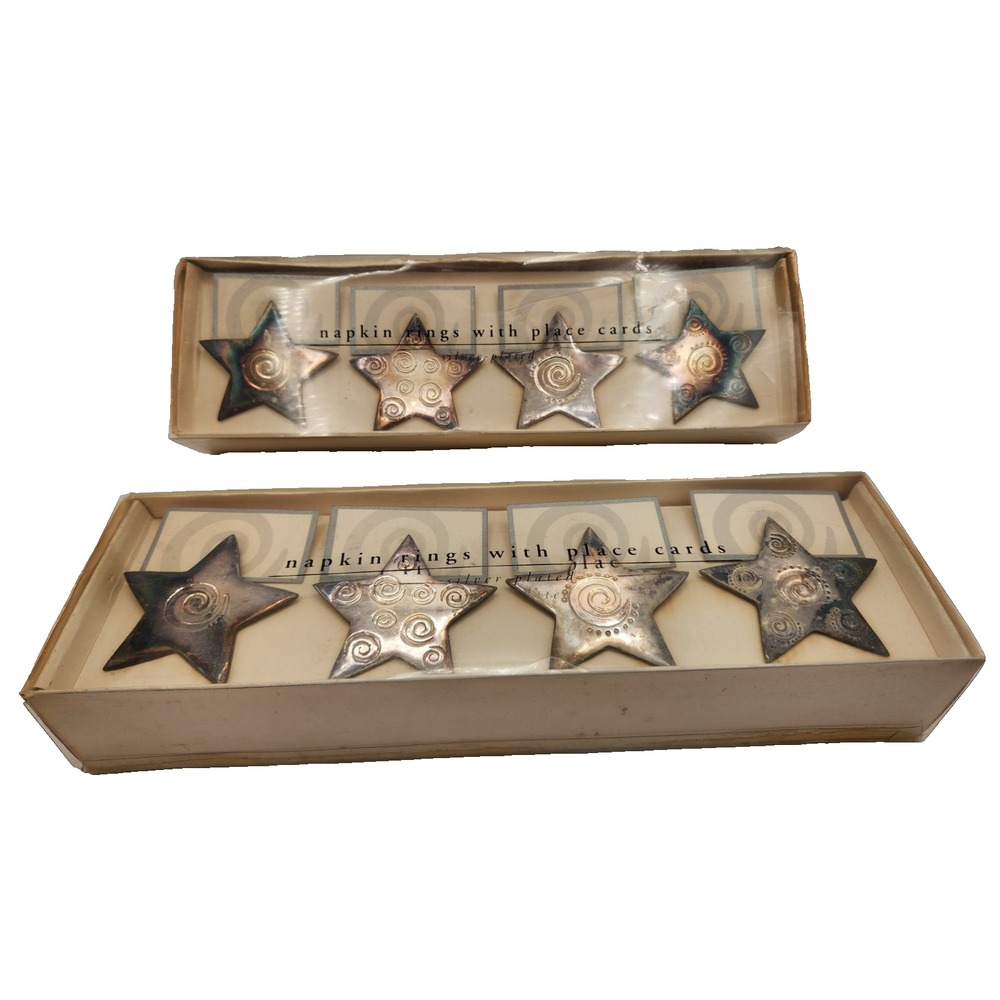 Pier One Silver Plated Napkin Rings Star Shaped Card Holder Set of 8 w/cards